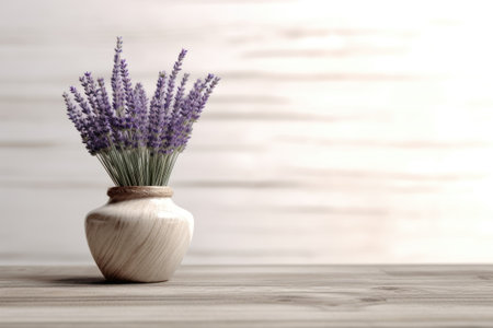 Bouquet of lavender flowers in vase on wooden tableの素材