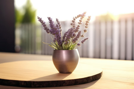 Vase with lavender flowers on table in cafe, closeupの素材