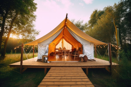 wedding tent in the forest at sunset, vintage color toneの素材