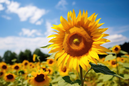 Sunflower field over cloudy blue sky background. Sunflower blooming in summer.の素材