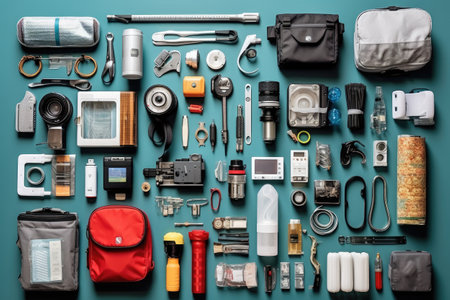 Flat lay composition with professional photographer equipment on blue background. Top view.の素材