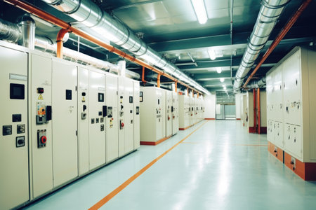 Interior of a modern electrical substation with equipment. Industrial backgroundの素材