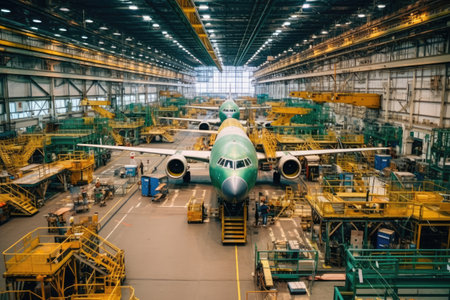 Airplane in the hangar of a large industrial plant. Industrial backgroundの素材
