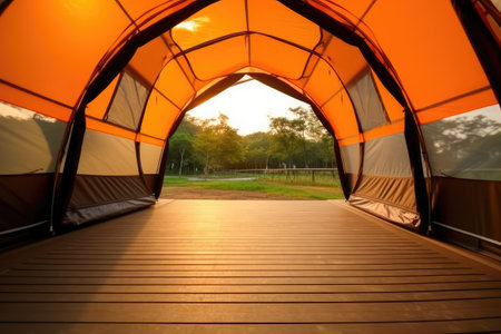 Tourist tent in the park at sunset. Camping concept.の素材