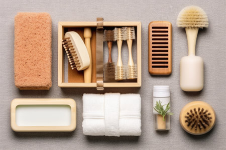 Bath accessories on grey background. Top view, flat lay.の素材