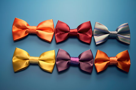 Set of colorful bow ties on blue background. 3d illustration.の素材