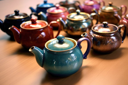 Ceramic teapot and cups on wooden table. Selective focus.の素材