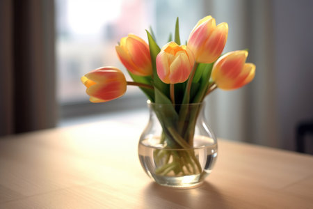 Bouquet of tulips in a vase on the tableの素材