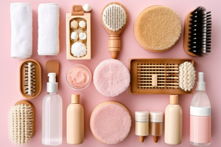 Flat lay composition with bath accessories on pink background, top viewの素材
