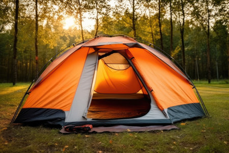 Camping tent in the forest, camping equipment in the forest.の素材