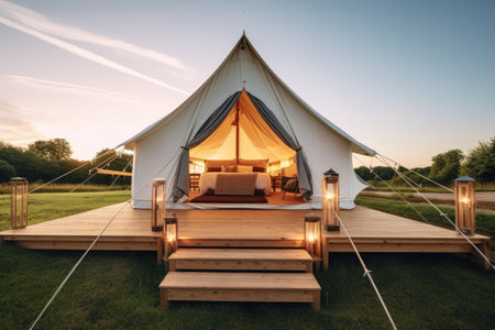 Camping tent on a grass field in the evening. Camping conceptの素材