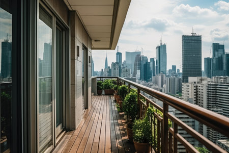 photo of hotel balcony with city view Photography AI Generatedの素材