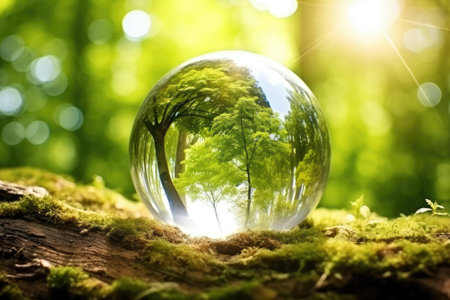 Glass ball with green trees inside and forest in the background. Ecology concept.の素材