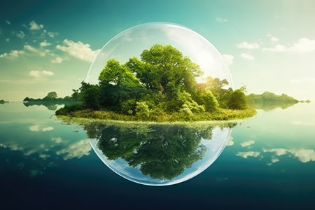 Ecology concept. Tree in a glass sphere with reflection on waterの素材