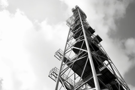Tall steel structure with cloudy sky background. Black and white.の素材