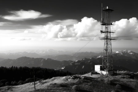 Telecommunication tower on the top of the mountain. Black and whiteの素材