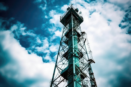 Telecommunication tower with blue sky and white clouds. Technology background.の素材