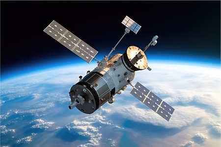 Satellite in space on a background of blue sky. 3d renderingの素材