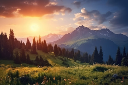 Beautiful summer landscape in the mountains. Sunrise over the mountains.の素材