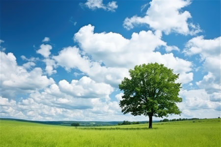 Tree in green field and blue sky with white clouds. Nature backgroundの素材