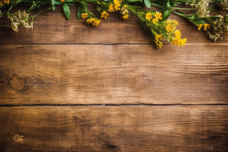 Yellow wildflowers on rustic wooden background. Top view with copy spaceの素材