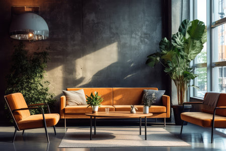 Hotel lobby with industrial style furniture profesional photograpy Ai Generatedの素材