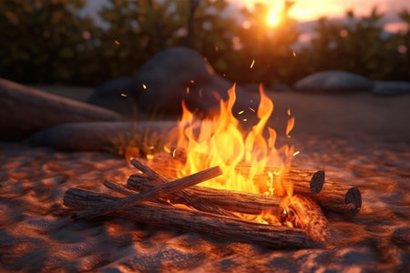 campfire setting in the sunset ultra realistic profesional photograpy Ai Generatedの素材