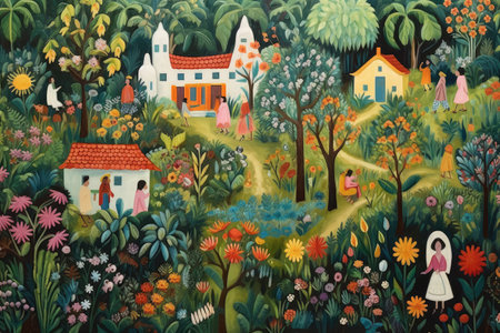 an oil painting with green trees in a colorful summer AI Generatedの素材