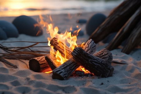 campfire setting in the beach ultra realistic profesional photograpy Ai Generatedの素材