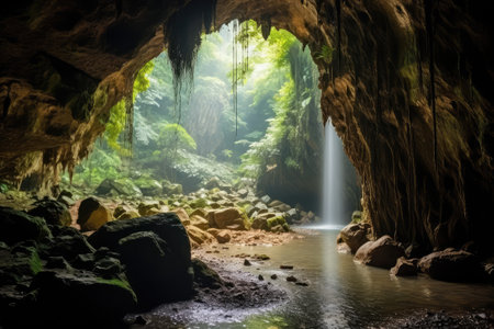 Tropical waterfall in the cave. Beautiful view of the waterfall.の素材