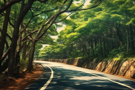 On the Road on a winding forest road hyper detail professional advertising photography AI Generatedの素材