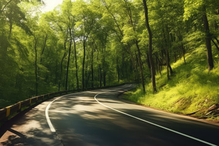 On the Road on a winding forest road hyper detail professional advertising photography AI Generatedの素材