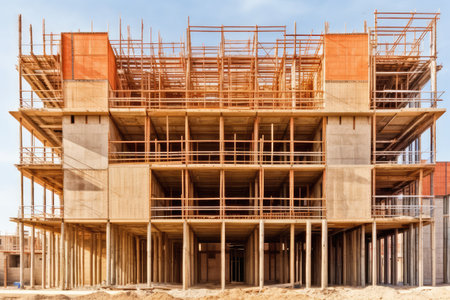 Multi-storey building under construction with scaffolding (new residential complex)の素材