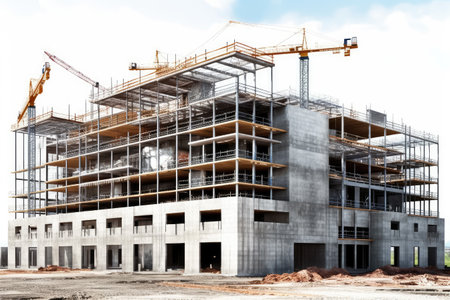 3d render of a building under construction with cranes and building materialsの素材