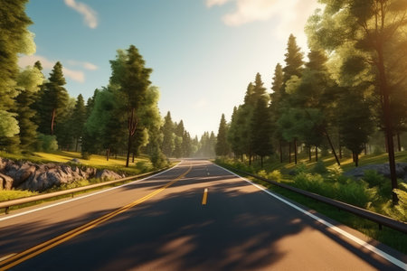 On the Road on a winding forest road hyper detail professional advertising photography AI Generatedの素材