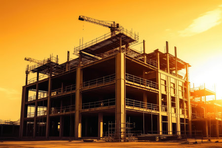 Construction site with cranes and building silhouettes on sunset sky backgroundの素材