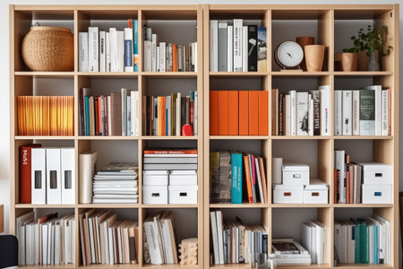one column cabinet cupboard unit filled with books professional photographyの素材