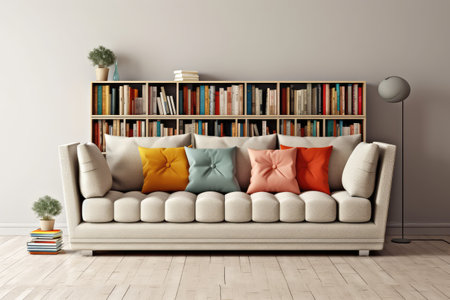 sofa with one column cabinet cupboard unit filled with book professional photographyの素材