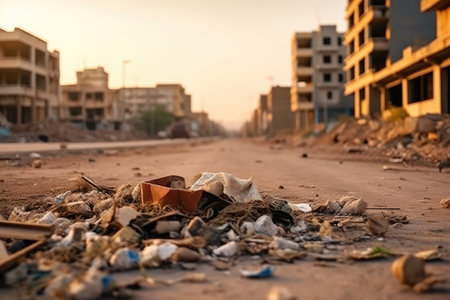 Garbage and waste on the ground at a construction site. Environmental pollution.の素材