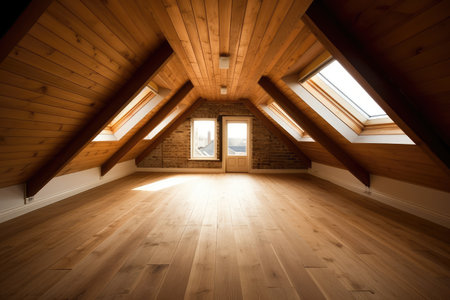interior of attic room with window and parquet floor in new houseの素材