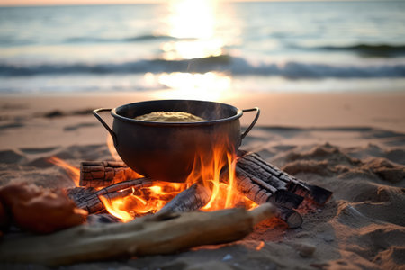 cooking using a campfire on beach professional photography AI Generatedの素材