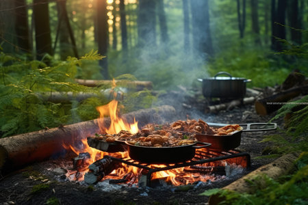 cooking using a campfire on forest professional photography AI Generatedの素材
