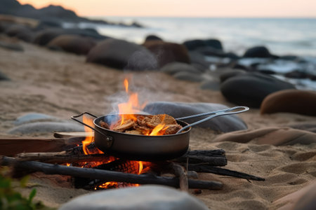 cooking using a campfire on beach professional photography AI Generatedの素材