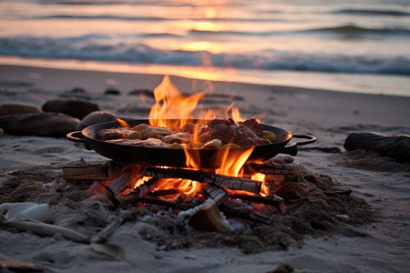 cooking using a campfire on beach professional photography AI Generatedの素材