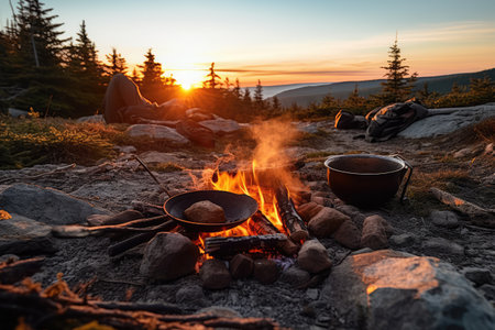 cooking using a campfire on mountain professional photography AI Generatedの素材
