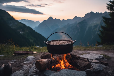 cooking using a campfire on mountain professional photography AI Generatedの素材