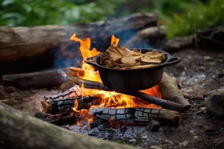 cooking using a campfire on nature professional photography AI Generatedの素材