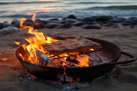 cooking using a campfire on beach professional photography AI Generatedの素材
