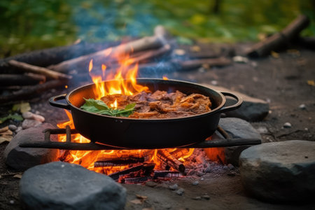 cooking using a campfire on nature professional photography AI Generatedの素材