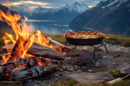 cooking using a campfire on mountain professional photography AI Generatedの素材